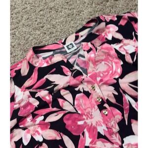Anne Klein Pink Floral Black V-Neck Tunic Top Women's 1X